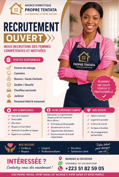 Offre d'emploi : Chauffeur personnel, Gardien, Jardinier, Cuisinière, Femme de mènage, Nounou chez PROPRE TENTATA