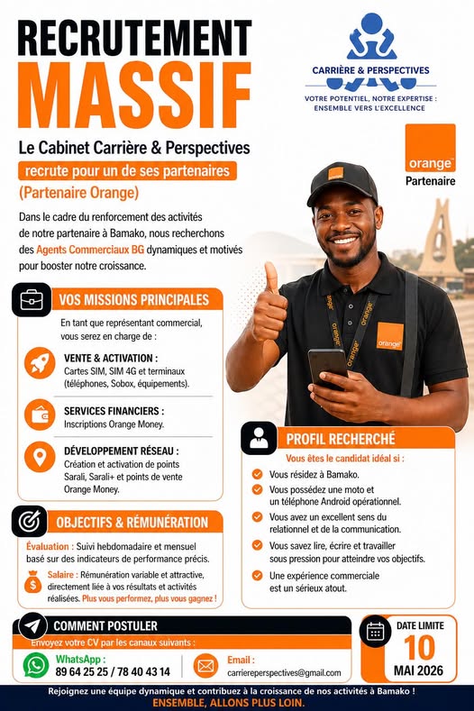 Offre d'emploi : ​ Vente & Activation : Cartes SIM, SIM 4G et terminaux (téléphones, Sobox, équipements) et  Services Financiers : Inscriptions Orange Money .Développement réseau : Création et activation de points Sarali, Sarali+ et points de vente Orange Money. chez Orange