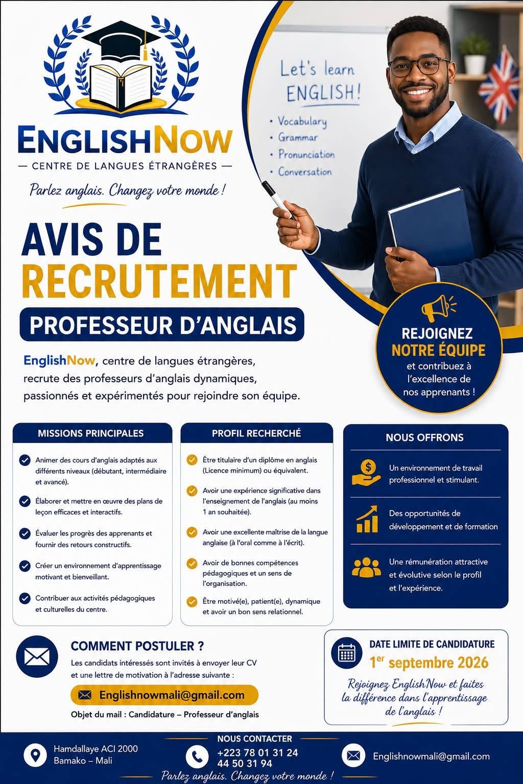 Offre d'emploi : L’enseignement de l’anglais chez ENGLISH NOW