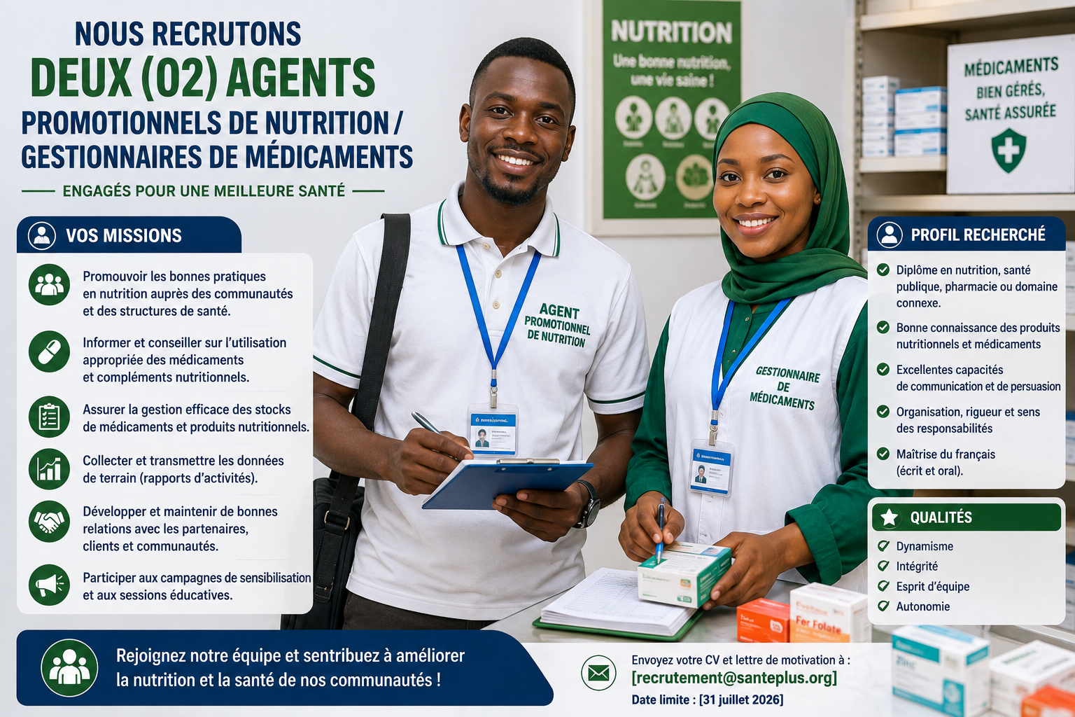 Offre d'emploi : 𝗗𝗘𝗨𝗫 (𝟬𝟮) 𝗔𝗚𝗘𝗡𝗧𝗦 𝗣𝗥𝗢𝗠𝗢𝗧𝗜𝗢𝗡𝗡𝗘𝗟𝗦 𝗗𝗘 𝗡𝗨𝗧𝗥𝗜𝗧𝗜𝗢𝗡 / 𝗚𝗘𝗦𝗧𝗜𝗢𝗡𝗡𝗔𝗜𝗥𝗘𝗦 𝗗𝗘 𝗠É𝗗𝗜𝗖𝗔𝗠𝗘𝗡𝗧𝗦 chez COOPI Mali 