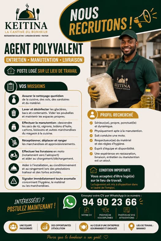 Offre d'emploi :  𝗔𝗚𝗘𝗡𝗧(𝗘) 𝗣𝗢𝗟𝗬𝗩𝗔𝗟𝗘𝗡𝗧(𝗘)  Entretien • Manutention • Livraison chez 𝗖𝗔𝗡𝗧𝗜𝗡𝗘 𝗗𝗨 𝗕𝗢𝗡𝗛𝗘𝗨𝗥