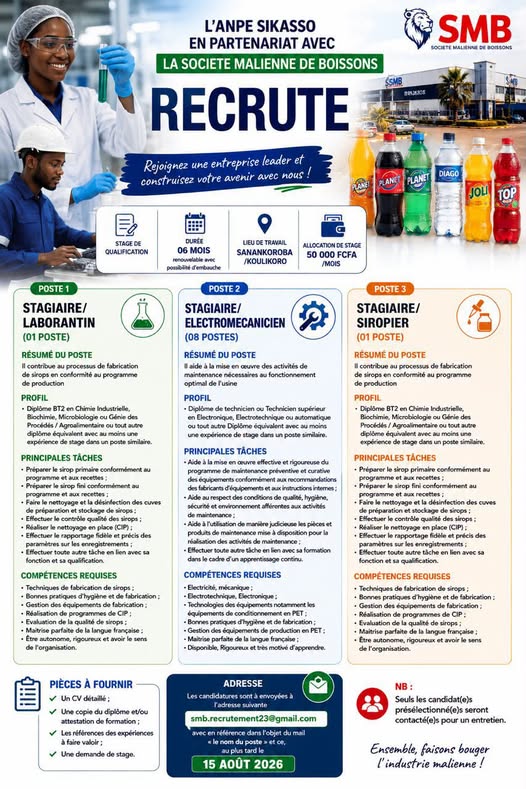Offre d'emploi : 𝗣𝗢𝗦𝗧𝗘 𝟭 — 𝗦𝗧𝗔𝗚𝗜𝗔𝗜𝗥𝗘/𝗟𝗔𝗕𝗢𝗥𝗔𝗡𝗧𝗜𝗡, 𝗣𝗢𝗦𝗧𝗘 𝟮 — 𝗦𝗧𝗔𝗚𝗜𝗔𝗜𝗥𝗘/𝗘́𝗟𝗘𝗖𝗧𝗥𝗢𝗠𝗘́𝗖𝗔𝗡𝗜𝗖𝗜𝗘𝗡,𝗣𝗢𝗦𝗧𝗘 𝟯 — 𝗦𝗧𝗔𝗚𝗜𝗔𝗜𝗥𝗘/𝗦𝗜𝗥𝗢𝗣𝗜𝗘𝗥 chez  𝗦𝗼𝗰𝗶𝗲́𝘁𝗲́ 𝗠𝗮𝗹𝗶𝗲𝗻𝗻𝗲 𝗱𝗲 𝗕𝗼𝗶𝘀𝘀𝗼𝗻𝘀 (𝗦𝗠𝗕)