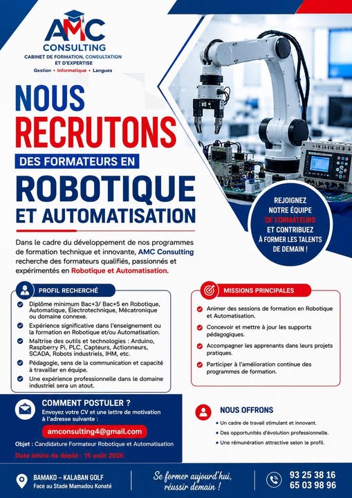 Offre d'emploi : formateurs spécialisés en Robotique et Automatisation chez AMC Consulting