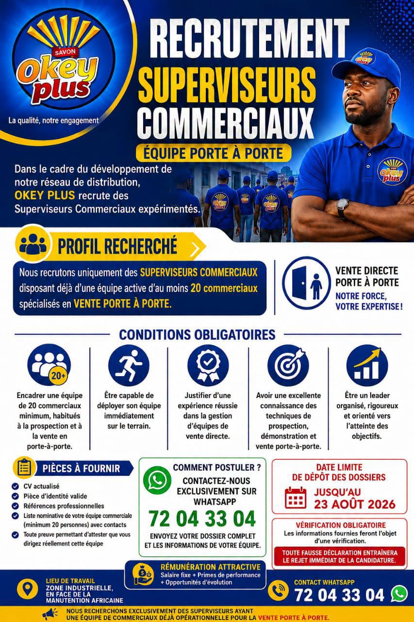 Offre d'emploi : SUPERVISEURS COMMERCIAUX chez 𝐎𝐊𝐄𝐘 𝐏𝐋𝐔𝐒 