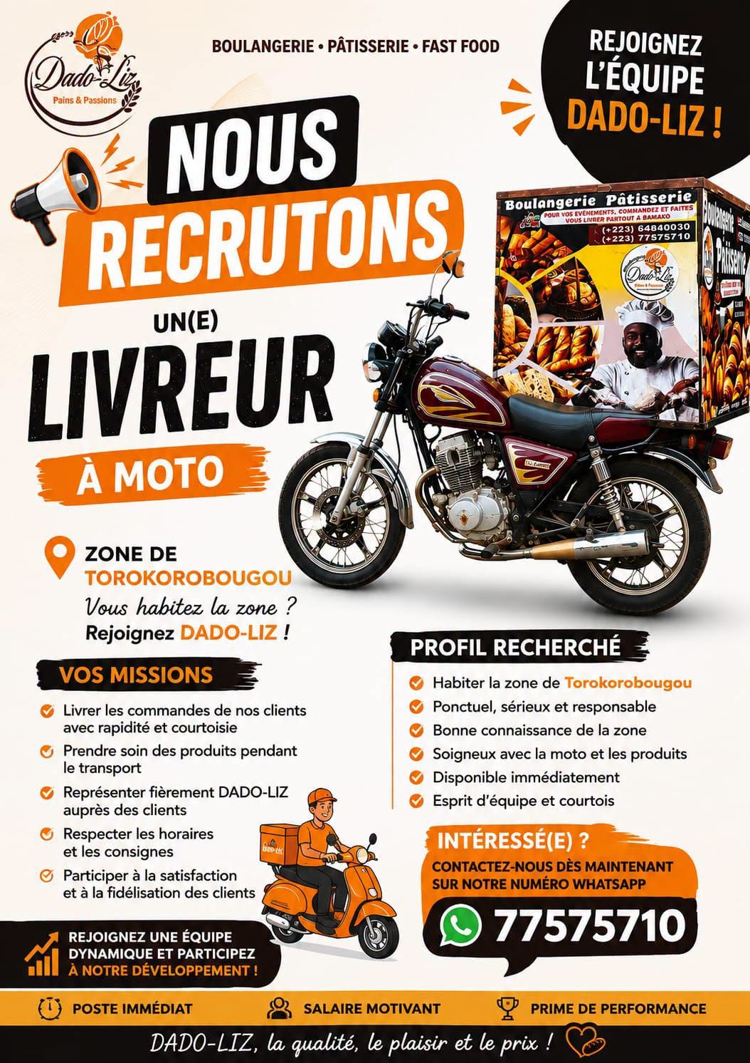 Offre d'emploi : Livreur  chez DADO-LIZ