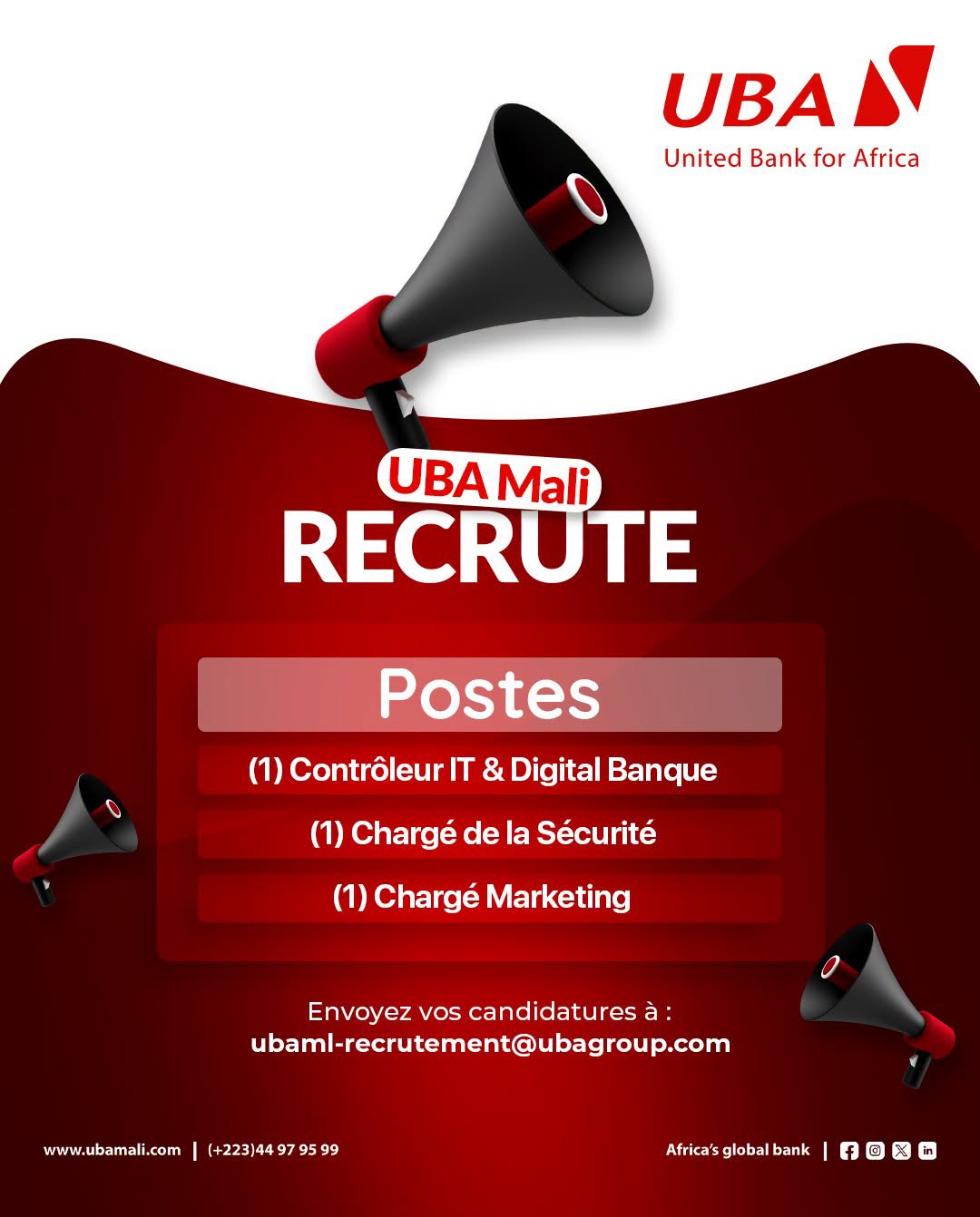 Offre d'emploi : Securité, contrôleur IT Digital Banque, Marketing chez UBAMali