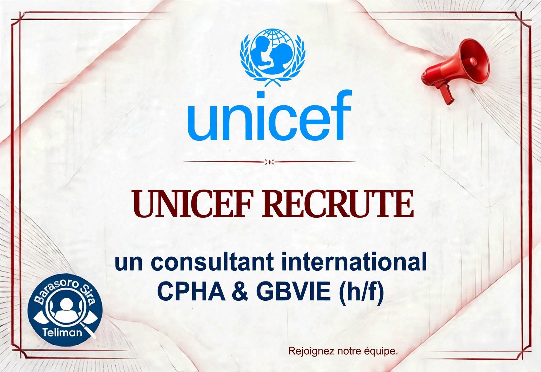 Offre d'emploi : 𝗖𝗢𝗡𝗦𝗨𝗟𝗧𝗔𝗡𝗧(𝗘) 𝗜𝗡𝗧𝗘𝗥𝗡𝗔𝗧𝗜𝗢𝗡𝗔𝗟(𝗘) chez 𝗨𝗡𝗜𝗖𝗘𝗙