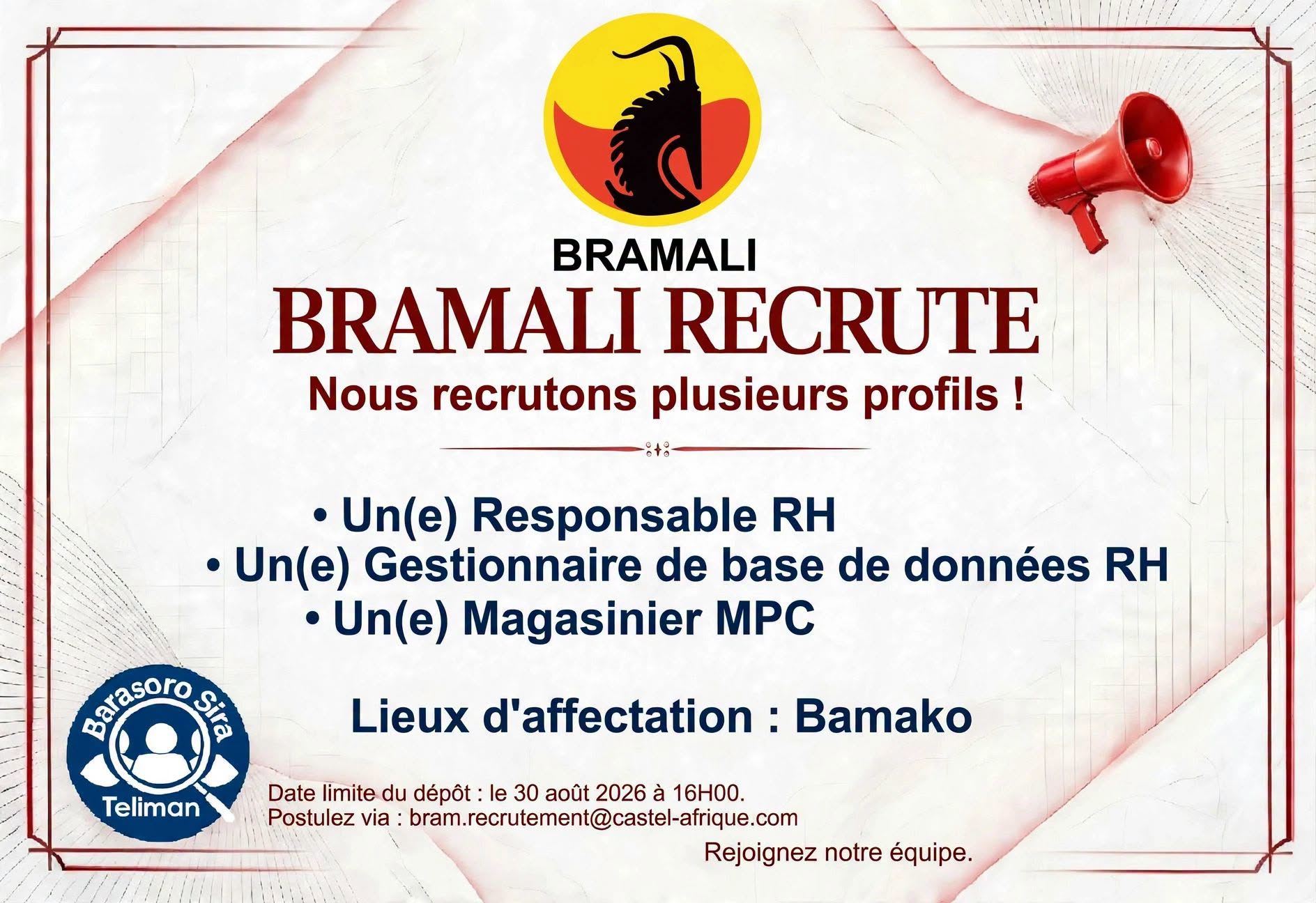 Offre d'emploi :  🔹 𝟭. 𝗥𝗘𝗦𝗣𝗢𝗡𝗦𝗔𝗕𝗟𝗘 𝗥𝗛, 🔹 𝟮. 𝗚𝗘𝗦𝗧𝗜𝗢𝗡𝗡𝗔𝗜𝗥𝗘 𝗗𝗘 𝗕𝗔𝗦𝗘 𝗗𝗘 𝗗𝗢𝗡𝗡𝗘́𝗘𝗦 𝗥𝗛, 🔹 𝟯. 𝗠𝗔𝗚𝗔𝗦𝗜𝗡𝗜𝗘𝗥 𝗠𝗣𝗖 chez 𝗕𝗥𝗔𝗠𝗔𝗟𝗜