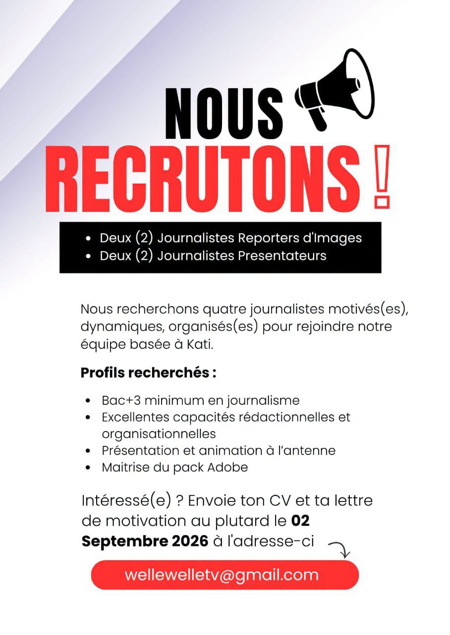 Offre d'emploi : 🎥 𝟮 𝗝𝗼𝘂𝗿𝗻𝗮𝗹𝗶𝘀𝘁𝗲𝘀 𝗥𝗲𝗽𝗼𝗿𝘁𝗲𝗿𝘀 𝗱’𝗜𝗺𝗮𝗴𝗲𝘀, 🎙️ 𝟮 𝗝𝗼𝘂𝗿𝗻𝗮𝗹𝗶𝘀𝘁𝗲𝘀 𝗣𝗿𝗲́𝘀𝗲𝗻𝘁𝗮𝘁𝗲𝘂𝗿𝘀 chez WelleWelleTV