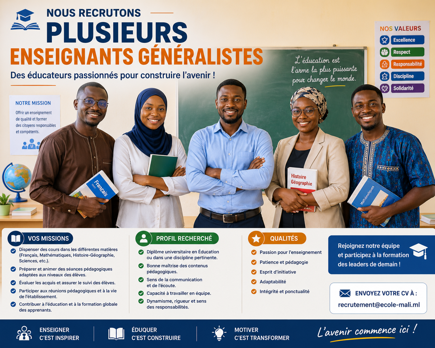 Offre d'emploi :  Plusieurs enseignants généralistes chez école