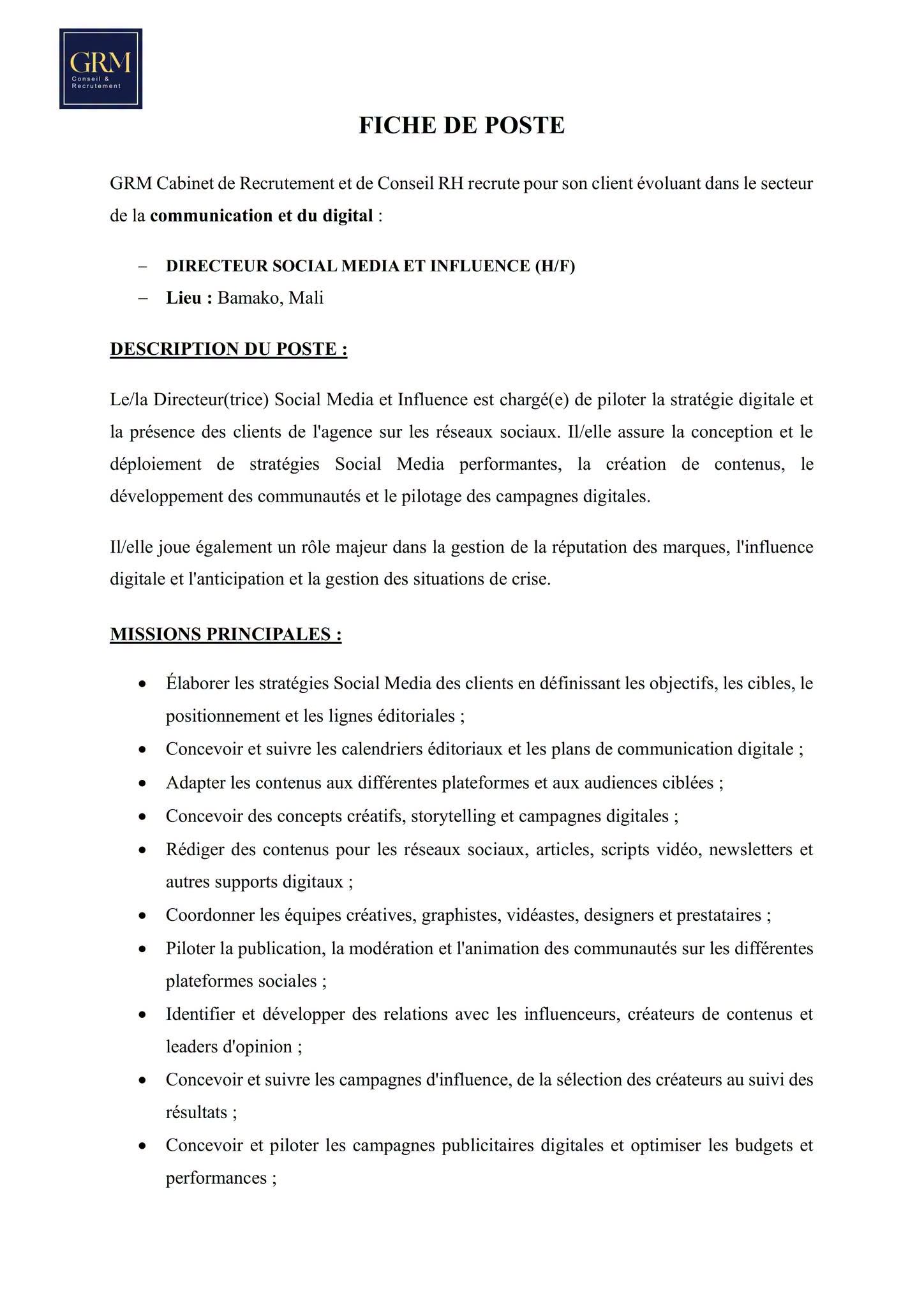 Offre d'emploi :  la communication et du digital chez 𝙂𝙍𝙈 𝙈𝘼𝙇𝙄 🇲🇱