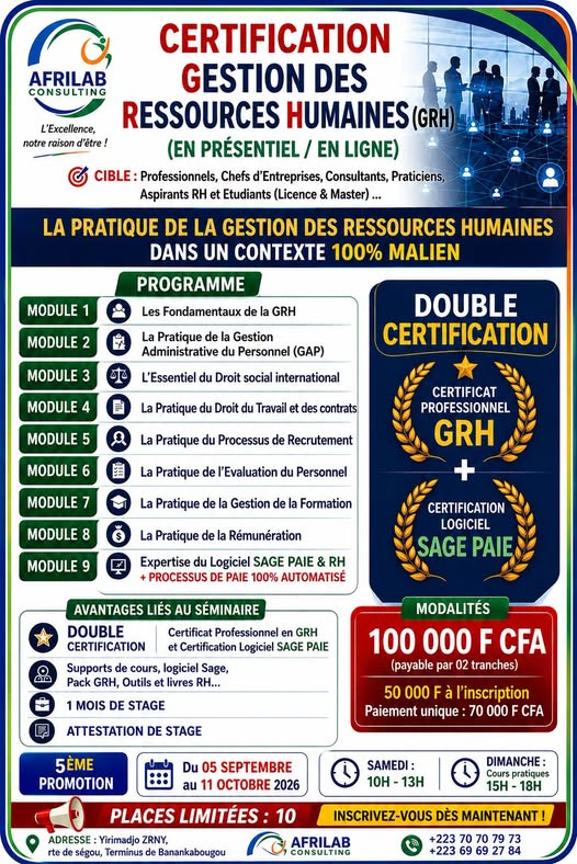 Offre d'emploi : GESTION_DES_RESSOURCES_HUMAINES chez Afrilab Consulting 
