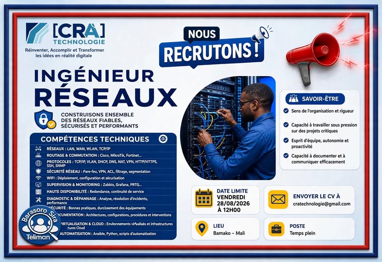 Offre d'emploi : 𝗜𝗡𝗚É𝗡𝗜𝗘𝗨𝗥 𝗥É𝗦𝗘𝗔𝗨𝗫 chez 𝗖𝗥𝗔 𝗧𝗘𝗖𝗛𝗡𝗢𝗟𝗢𝗚𝗜𝗘