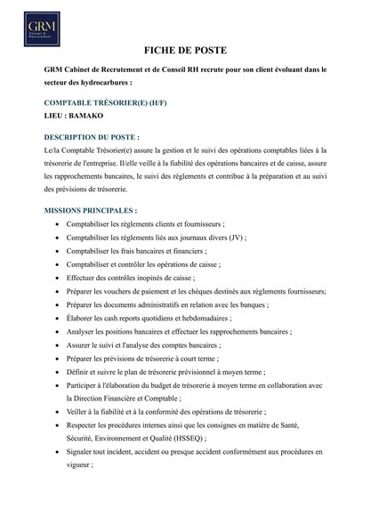 Offre d'emploi : 𝘾𝙊𝙈𝙋𝙏𝘼𝘽𝙇𝙀 𝙏𝙍É𝙎𝙊𝙍𝙄𝙀𝙍(𝙀) (𝙃/𝙁) chez 𝙂𝙍𝙈 𝙈𝘼𝙇𝙄 🇲🇱