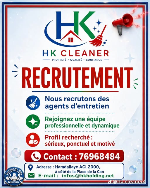Offre d'emploi : 𝗔𝗚𝗘𝗡𝗧𝗦 𝗗’𝗘𝗡𝗧𝗥𝗘𝗧𝗜𝗘𝗡 chez 𝙃𝙆 𝘾𝙇𝙀𝘼𝙉𝙀𝙍