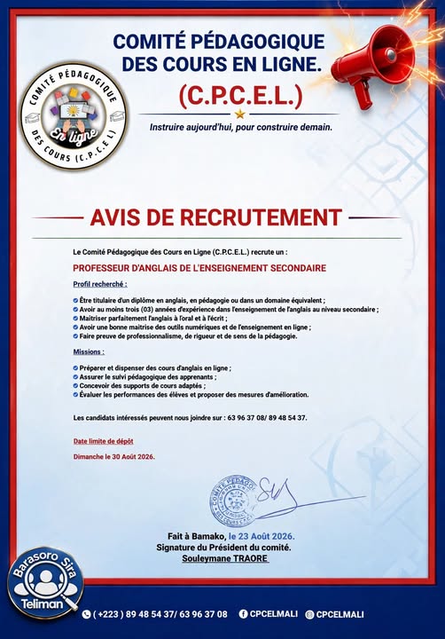 Offre d'emploi : 𝗣𝗥𝗢𝗙𝗘𝗦𝗦𝗘𝗨𝗥 𝗗’𝗔𝗡𝗚𝗟𝗔𝗜𝗦 – 𝗘𝗡𝗦𝗘𝗜𝗚𝗡𝗘𝗠𝗘𝗡𝗧 𝗦𝗘𝗖𝗢𝗡𝗗𝗔𝗜𝗥𝗘 chez Le Comité Pédagogique des Cours en Ligne (C.P.C.E.L.)