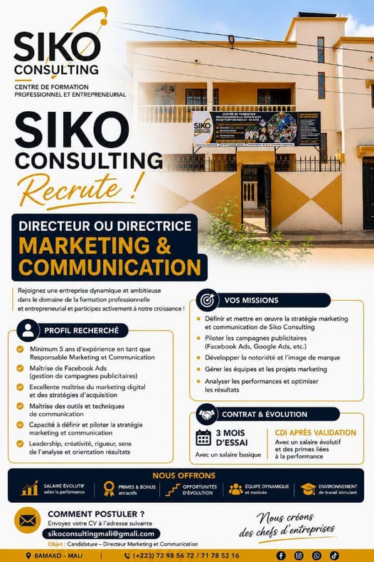Offre d'emploi : 𝗗𝗜𝗥𝗘𝗖𝗧𝗘𝗨𝗥 / 𝗗𝗜𝗥𝗘𝗖𝗧𝗥𝗜𝗖𝗘 𝗠𝗔𝗥𝗞𝗘𝗧𝗜𝗡𝗚 & 𝗖𝗢𝗠𝗠𝗨𝗡𝗜𝗖𝗔𝗧𝗜𝗢𝗡 chez 𝗦𝗜𝗞𝗢 𝗖𝗢𝗡𝗦𝗨𝗟𝗧𝗜𝗡𝗚