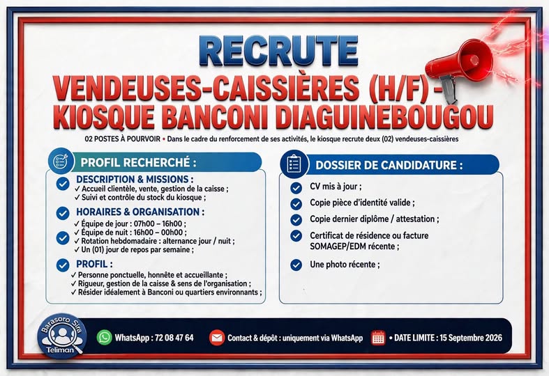 Offre d'emploi : 𝗩𝗘𝗡𝗗𝗘𝗨𝗦𝗘𝗦-𝗖𝗔𝗜𝗦𝗦𝗜𝗘𝗥𝗘𝗦 (𝗛/𝗙) chez un kiosque situé