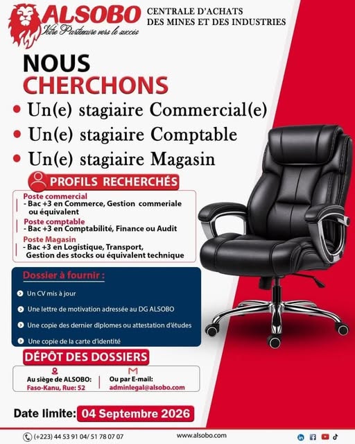 Offre d'emploi :  DES STAGIAIRES chez ALSOBO