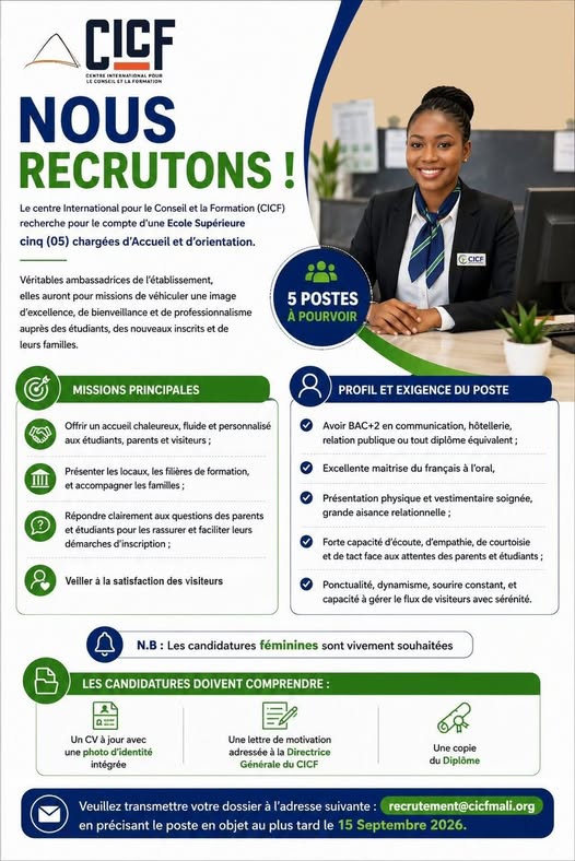 Offre d'emploi :  05 CHARGÉES D’ACCUEIL ET D’ORIENTATION chez CICF