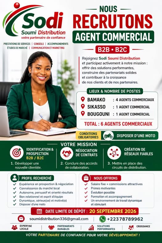 Offre d'emploi : 4 agent commerciaux chez 𝐒𝐎𝐃𝐈 𝐒𝐎𝐔𝐌𝐈 𝐃𝐈𝐒𝐓𝐑𝐈𝐁𝐔𝐓𝐈𝐎𝐍