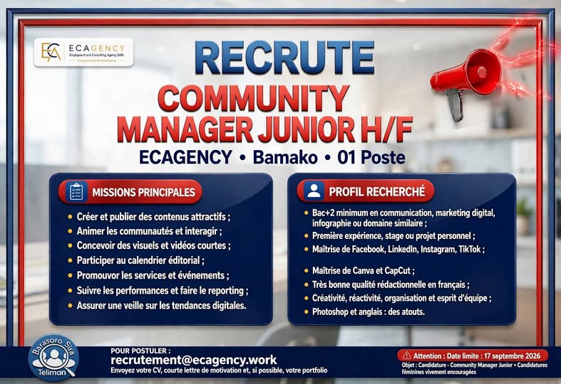 Offre d'emploi : 𝗖𝗢𝗠𝗠𝗨𝗡𝗜𝗧𝗬 𝗠𝗔𝗡𝗔𝗚𝗘𝗥 chez ECAGENCY