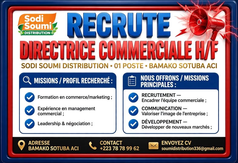 Offre d'emploi : 𝐃𝐈𝐑𝐄𝐂𝐓𝐑𝐈𝐂𝐄 𝐂𝐎𝐌𝐌𝐄𝐑𝐂𝐈𝐀𝐋𝐄 chez 𝐒𝐎𝐃𝐈 𝐒𝐎𝐔𝐌𝐈 𝐃𝐈𝐒𝐓𝐑𝐈𝐁𝐔𝐓𝐈𝐎𝐍