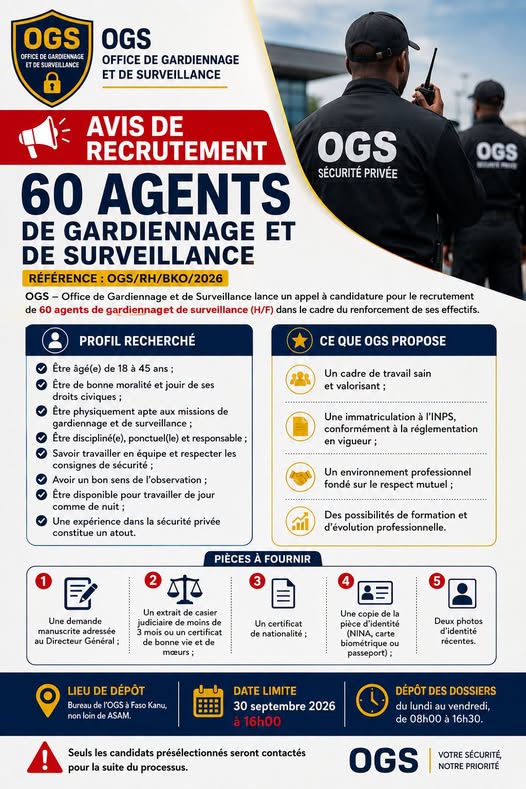 Offre d'emploi : 𝟲𝟬 𝗔𝗚𝗘𝗡𝗧𝗦 𝗗𝗘 𝗚𝗔𝗥𝗗𝗜𝗘𝗡𝗡𝗔𝗚𝗘 𝗘𝗧 𝗗𝗘 𝗦𝗨𝗥𝗩𝗘𝗜𝗟𝗟𝗔𝗡𝗖𝗘 chez  𝗢𝗚𝗦