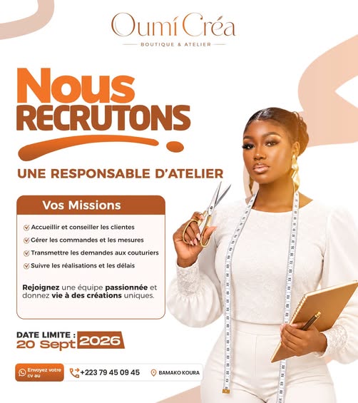 Offre d'emploi :  𝗥𝗘𝗦𝗣𝗢𝗡𝗦𝗔𝗕𝗟𝗘 𝗗’𝗔𝗧𝗘𝗟𝗜𝗘𝗥 chez  𝗢𝗨𝗠Í 𝗖𝗥É𝗔 – 𝗕𝗢𝗨𝗧𝗜𝗤𝗨𝗘 & 𝗔𝗧𝗘𝗟𝗜𝗘𝗥