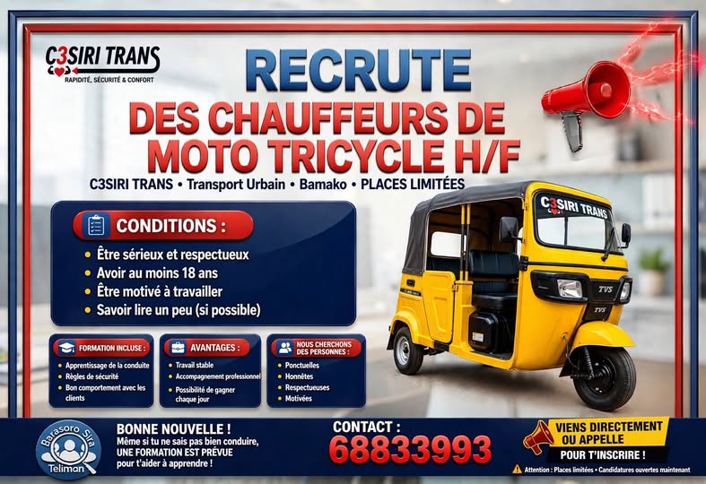 Offre d'emploi : Des chauffeurs de moto-tricycle  chez  𝗖𝟯𝗦𝗜𝗥𝗜 𝗧𝗥𝗔𝗡𝗦