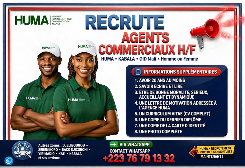 Offre d'emploi :  𝗔𝗚𝗘𝗡𝗧𝗦 𝗖𝗢𝗠𝗠𝗘𝗥𝗖𝗜𝗔𝗨𝗫 𝗛/𝗙 chez HUMA