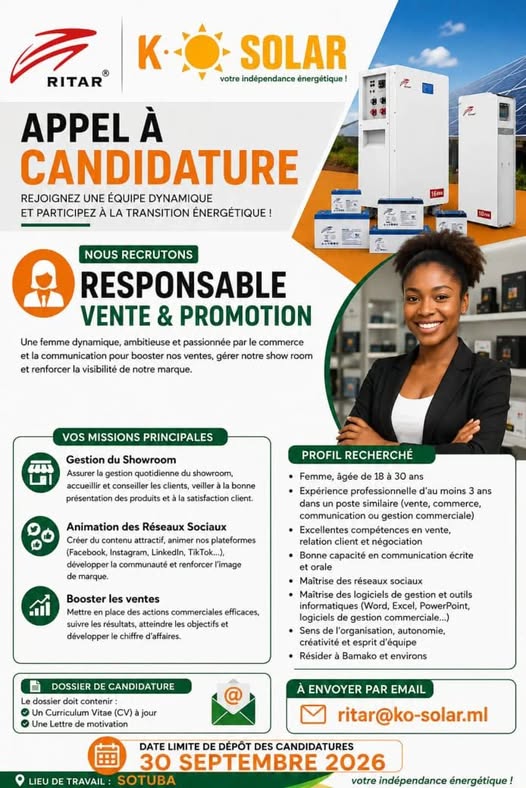 Offre d'emploi : RESPONSABLE VENTE & PROMOTION H/F chez RITAR / K-O SOLAR