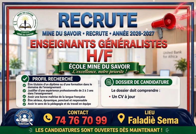 Offre d'emploi : Enseignants chez 𝗖𝗢𝗠𝗣𝗟𝗘𝗫𝗘 𝗠𝗜𝗡𝗘 𝗗𝗨 𝗦𝗔𝗩𝗢𝗜𝗥