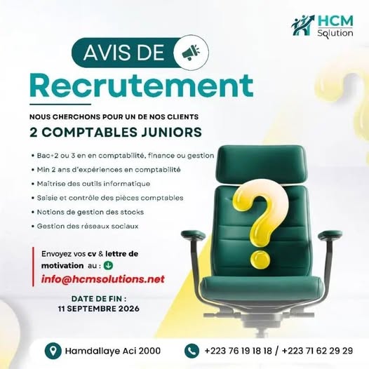 Offre d'emploi : 2 COMPTABLES JUNIORS chez HCM Solution